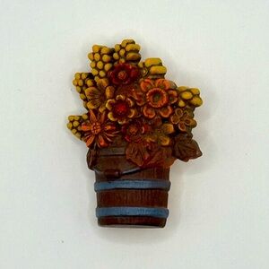 Vintage Hallmark Cards Autumn Fall Flowers In Pail bucket pot basket Pin Brooch
